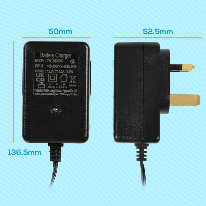 12V 1A Vehicle Battery Charger - Compatible with Electric Ride-On Cars - Keeps Kids' Toy Vehicles Powered and Ready for Adventure