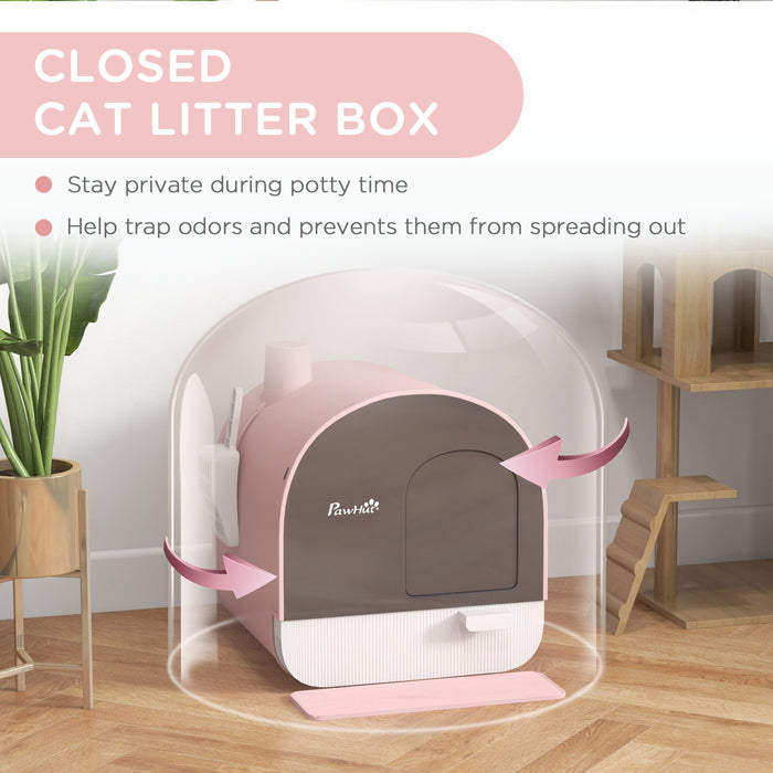 Hooded Kitten Litter Tray with Accessories - Enclosed Cat Litter Box with Scoop, Carbon Filter & Flap Door in Pink - Ideal for Privacy & Odor Control for Cats