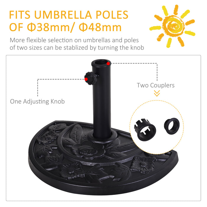 Outsunny 9kg Resin Parasol Base, Half Round Umbrella Stand with Floral Design for Garden, Outdoor, Suitable Umbrella Rod: Φ3.8cm, Φ4.8cm, Black