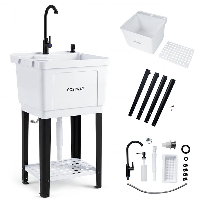55L Utility Sink Laundry Tub with Rotating Faucet Storage Shelf Drip Tray Adjustable Legs-
