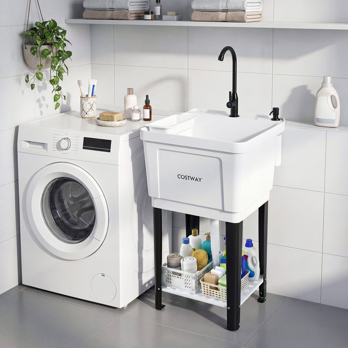55L Utility Sink Laundry Tub with Rotating Faucet Storage Shelf Drip Tray Adjustable Legs-