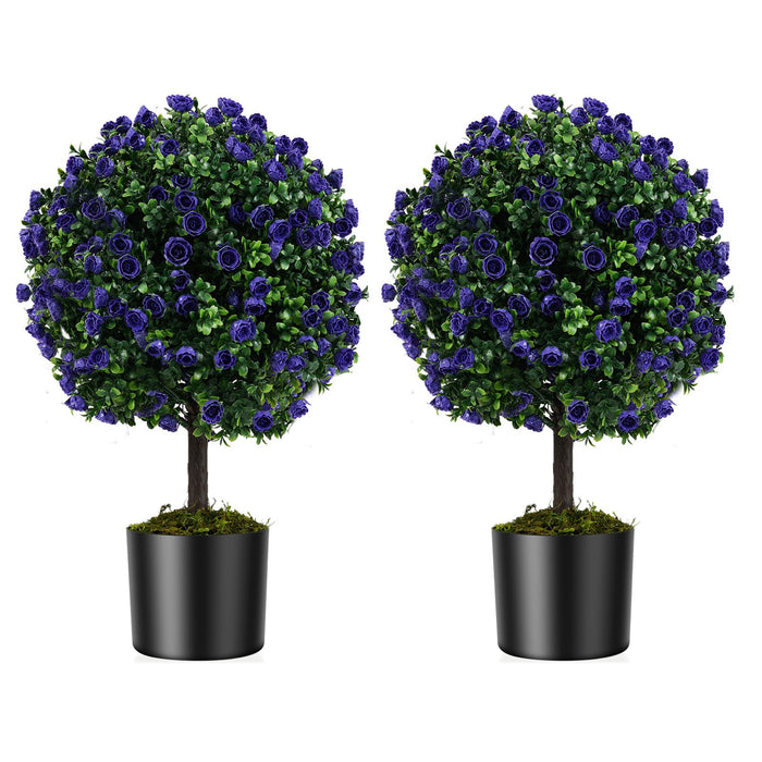 Set of 2 Artificial  Rose Topiary Ball Trees 55cm Faux Boxwood Ball Tree-