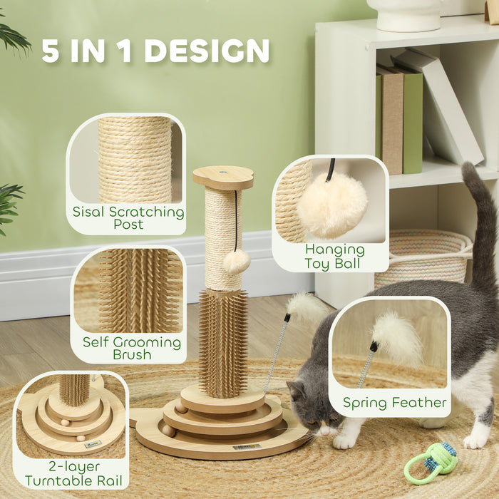PawHut 49cm 5 in 1 Cat Scratching Post with Sisal Post, Track Ball Toy, Self Grooming Brush, Hanging Toy Ball, Feather, Oak | Aosom UK
