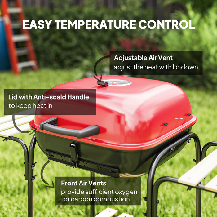 Outsunny Charcoal Barbecue Grill Portable BBQ Grill with 1840 cm² Cooking Area, 3 Shelves, Adjustable Vent, Lockable Lid, Wheels for Outdoor Cooking, Garden Party, Red