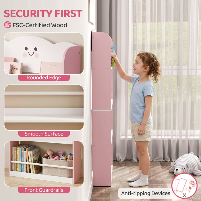 AIYAPLAY 4 Tier Kids Bookshelf, Wall-Mounted Children Bookcase, Toddler Space-Saving Bookcase for Kids Room, Playroom, Pink