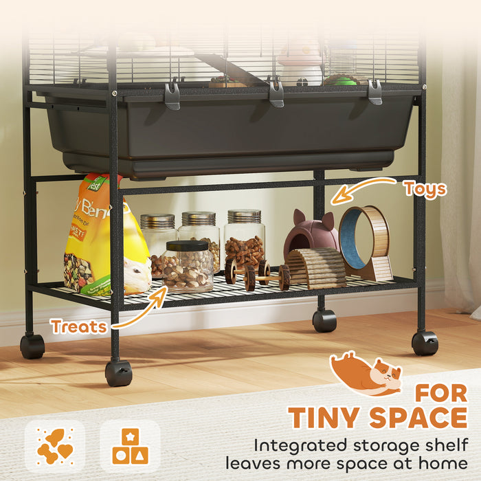 PawHut 3 Tier Large Hamster Cage on Wheels with 17 cm Deep Tray, Storage Shelf for Syrian, Gerbil, Rats