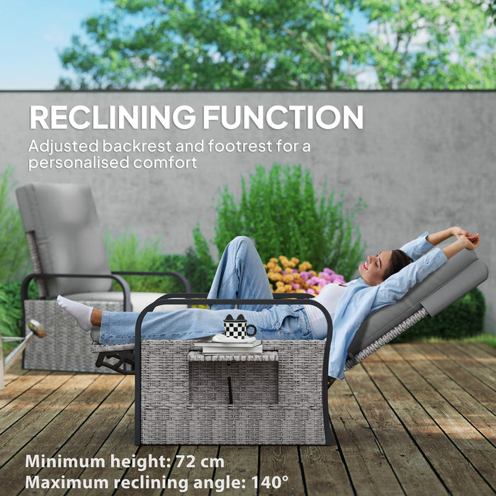 Outsunny Rattan Garden Recliner Chair, Reclining Rattan Chair with Adjustable Backrest and Footrest, Outdoor Lounge Sun Lounger with Cushion, Side Tray and Aluminium Armrests, Light Grey/Dark Grey