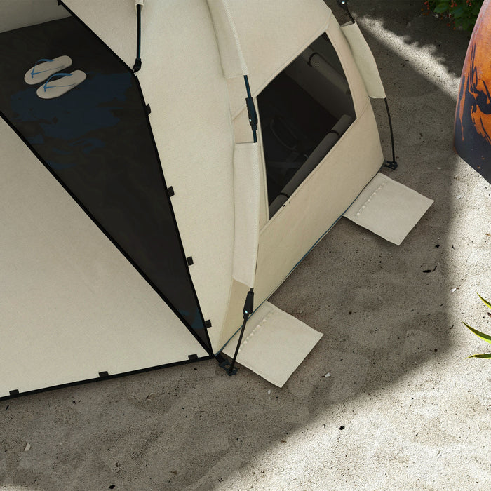 Pop-Up Beach Tent for 2-3 People - UPF 15+ Sun Protection, Extended Floor, Mesh Windows, Sandbag Anchors - Ideal for Sun Shelter and Outdoor Activities
