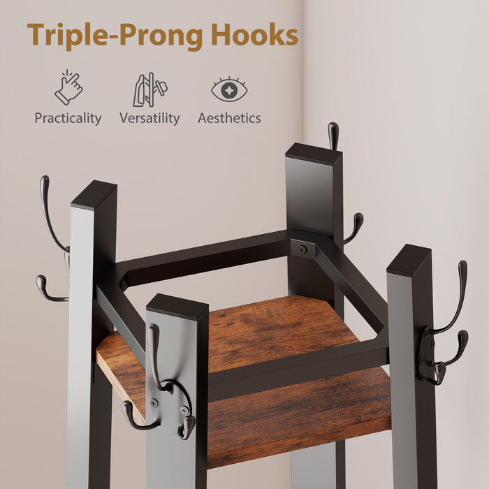 HOMCOM Industrial Coat Stand with 8 Hooks and 4 Shelves - Rustic Brown