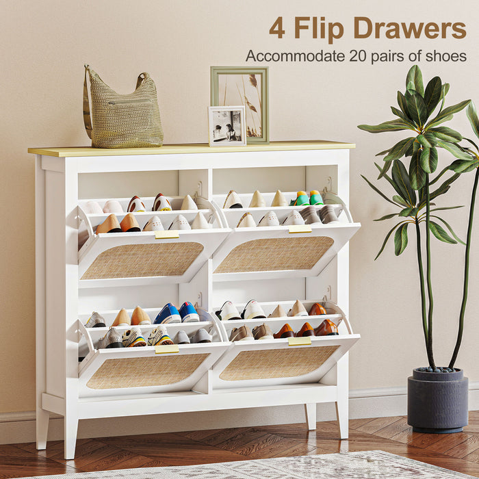 HOMCOM Narrow Shoe Cabinet, Boho Slim Shoe Storage Cabinet with 4 Flip Drawers, Holds 20 Pairs, White