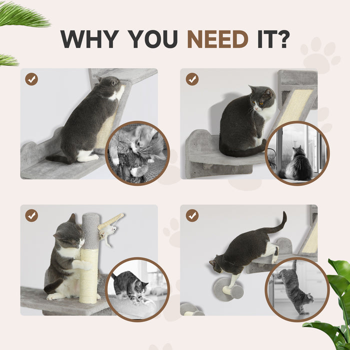 PawHut 3PCs Cat Wall Furniture with Scratching Posts, Scratching Pads, Perches, Cat Wands, Toy Balls, Light Grey | Aosom UK