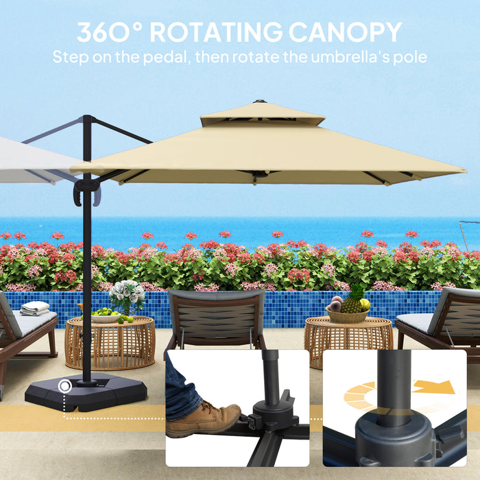 Outsunny 2.7 x 2.7(m) Cantilever Parasol with Aluminium Frame, Crank and Tilt, 360° Rotation, Double Top Garden Umbrella with Base and Cover, Khaki