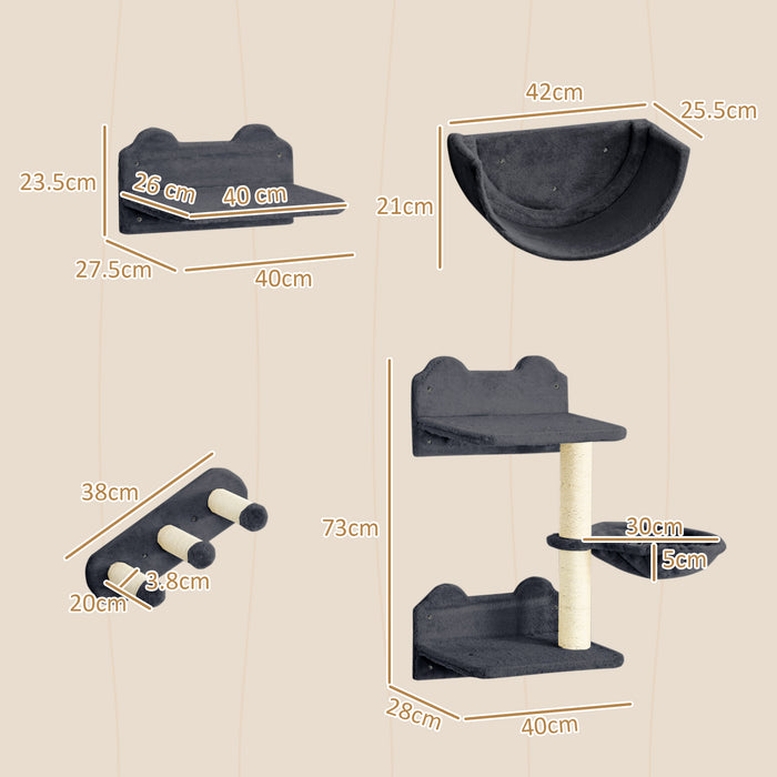 Wall-Mounted Cat Shelving Set with Accessories - Includes Scratching Post, Hammock, and Cozy Nest in Dark Grey - Perfect for Playful Felines & Space-Saving Pet Furniture