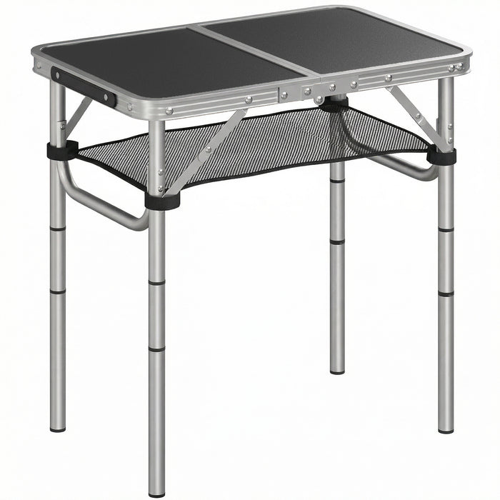 Outsunny 2ft Folding Camping Table, Picnic Table with Mesh Storage Layer, 4 Adjustable Heights and Carrying Handle, Black
