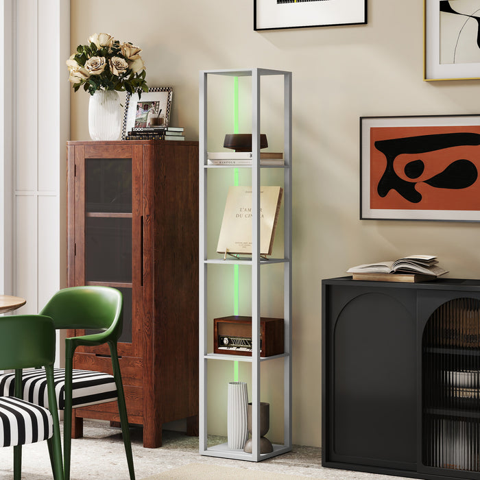 HOMCOM RGB LED Floor Lamp with Shelves, Modern Dimmable Standing Lamp with Remote Control, Adjustable Brightness & Speed for Living Room, Bedroom, Office, Grey