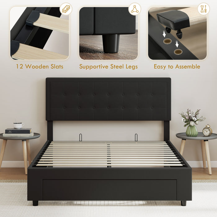 HOMCOM Double Ottoman Bed Frame, with Front Drawer - Black