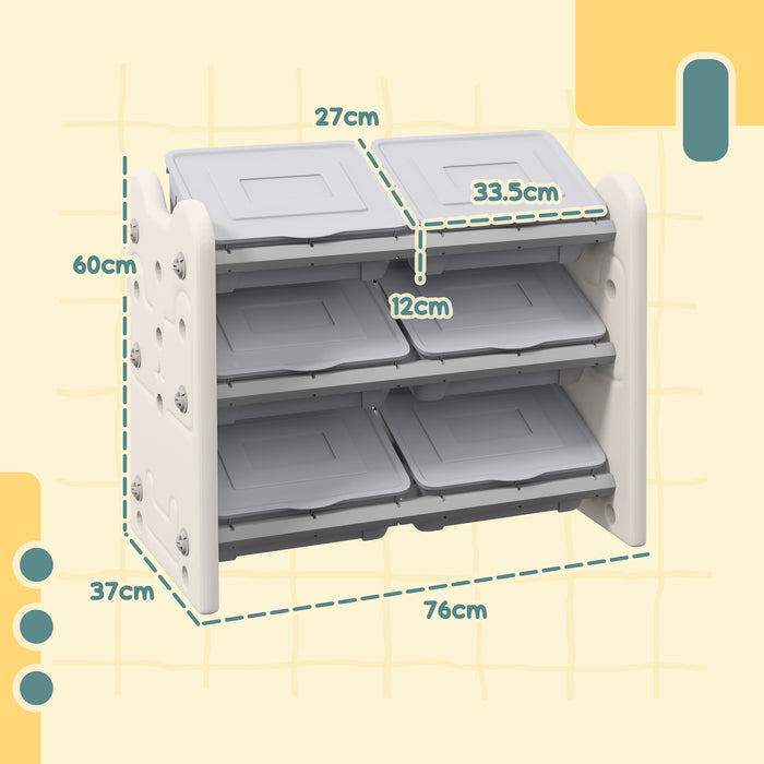 Kids Toy Organizer with 6 Bins - 3-Tier Storage Unit for Playroom, 76x37x60cm, Grey - Ideal for Toy Organization and Clutter Control
