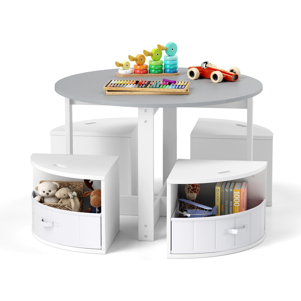 5 Piece Kids Table and Chair Set Round for 4 with 4 Fabric Drawers-
