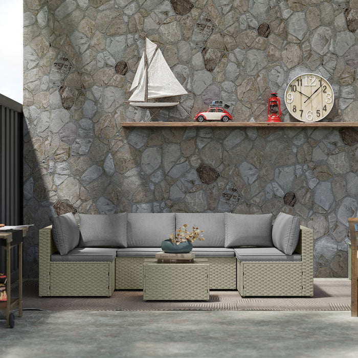 Outsunny 7 Pieces Rattan Garden Furniture Set, 6 Seater Garden Corner Sofa with Wide Seat, Cushions and Glass Top Table, Sectional Outdoor Furniture Conservatory Set for Patio, Light Brown