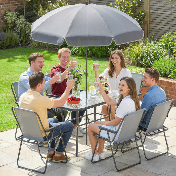 Outsunny 8 Piece Garden Dining Set with Umbrella, Garden Furniture Set with 6 Folding Chairs, Tempered Glass Table for Patio Grey