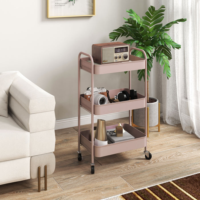 HOMCOM Three-Tier Steel Storage Trolley - Pink | Aosom UK