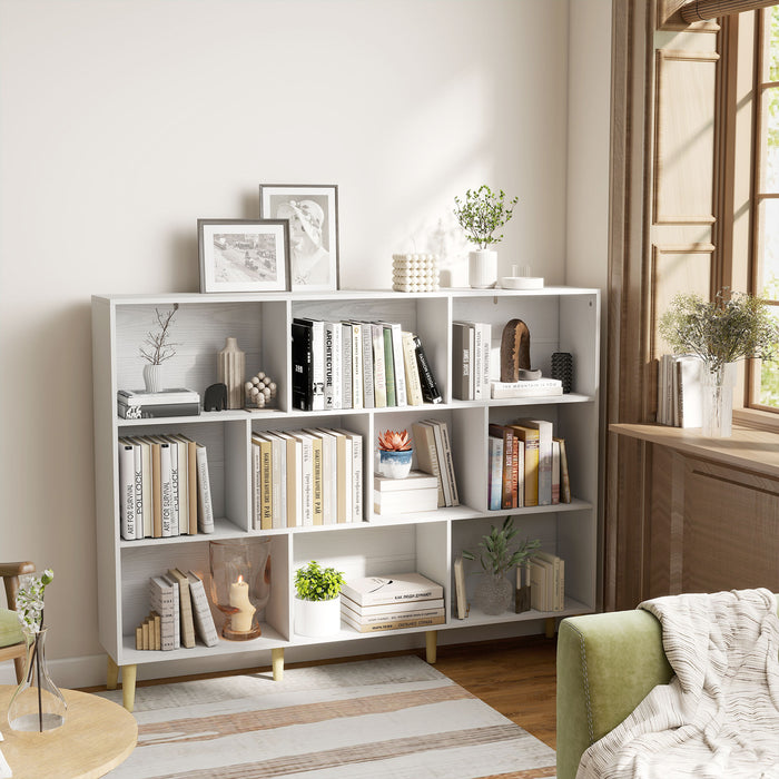 HOMCOM 10-Cube Bookcase, 3-Tier Book Shelf with Solid Wood Legs, 140 cm Modern Bookshelf with Anti-Tip Kit for Bedroom, White
