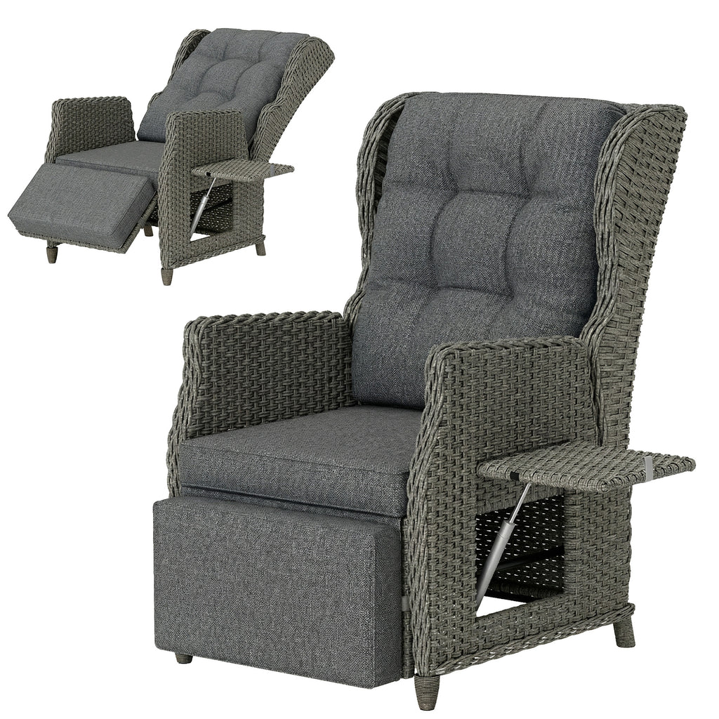 Outsunny Rattan Garden Recliner Chair, Reclining Garden Chair with Adjustable Back and Footrest, Flip Table, Cushion, Dark Grey