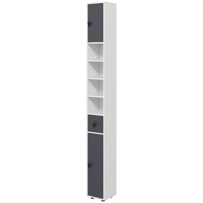 Tall Slim Bathroom Cabinet 180cm - Narrow Storage Unit with Open Shelves & Dual Door Cabinets, Adjustable Shelving - Ideal for Kitchen, Hallway, Living Room Organization in Grey