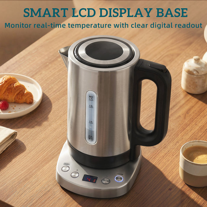 HOMCOM Electric Kettle, 1.7L, Fast Boil, 3kW Water Kettle with UK Strix Thermostat, Keep Warm Function, LCD Base, Silver Tone
