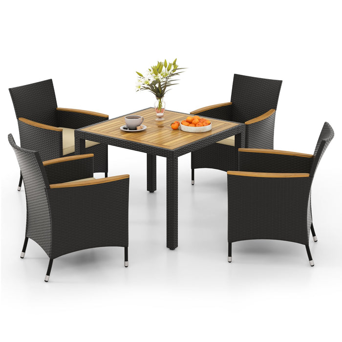 5 PCS Patio Dining Table Rattan Conversation Set with Umbrella Hole-