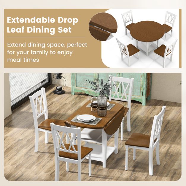 Dining Table Set with 5 Extendable Pieces - 2-Tier Storage Shelf for Enhanced Capacity - Perfect for Space-Efficient Dining Needs