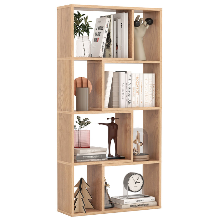 5-Tier Geometric Bookshelf with 8 Cubes Floor Standing Open Display-Brown