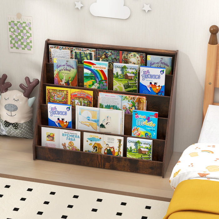 5-Tier Wooden Toddler Book Shelf Stand with Deep Compartments-Grey