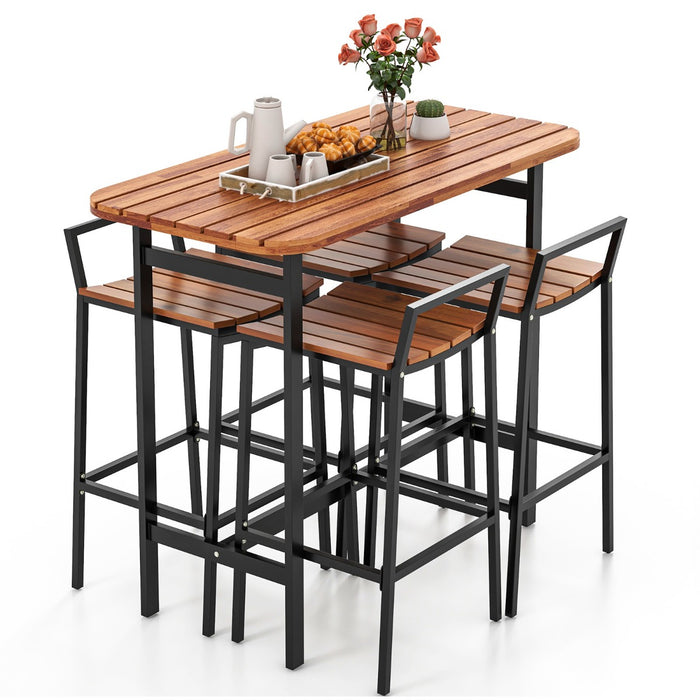 5 Piece Acacia Wood Bar Table Set with Metal Frame and Footrest