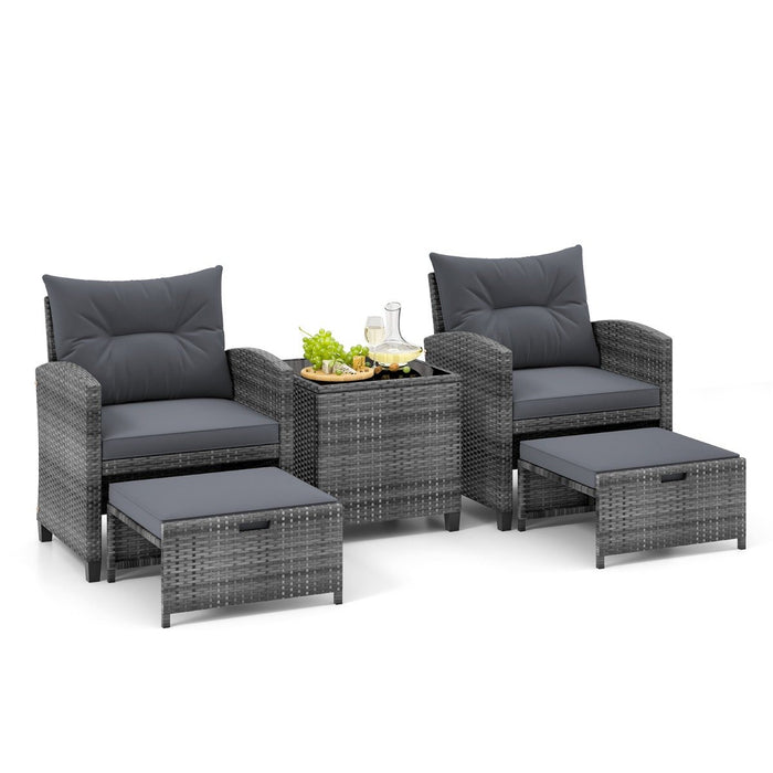 5 Piece Wicker Patio Furniture Set with 2 Cushioned Chairs and 2 Ottomans-
