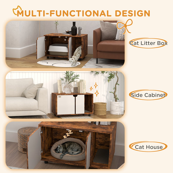 Hidden Litter Box - Dual-Function Cat Litter Box Furniture with Sand Drain Pad and Double Doors - Stylish Indoor Solution for Cat Owners, Rustic Brown, 80x48x48cm