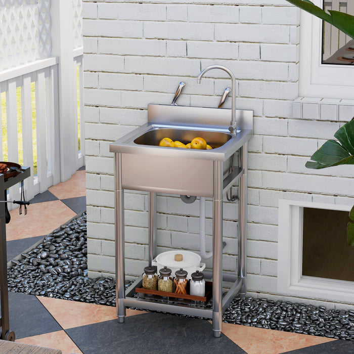 HOMCOM Outdoor Utility Sink, Free Standing Single Bowl Kitchen Sink with Cold and Hot Water Pipe and Storage Shelf for Laundry Garage, Silver Tone