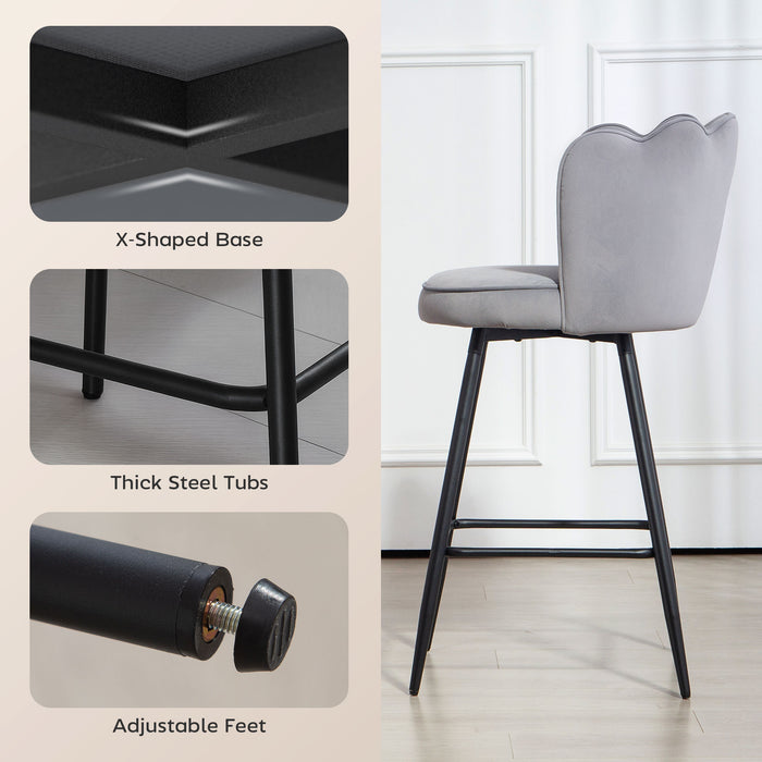 HOMCOM Set of Two Velvet-Feel Lotus Bar Stools - Grey