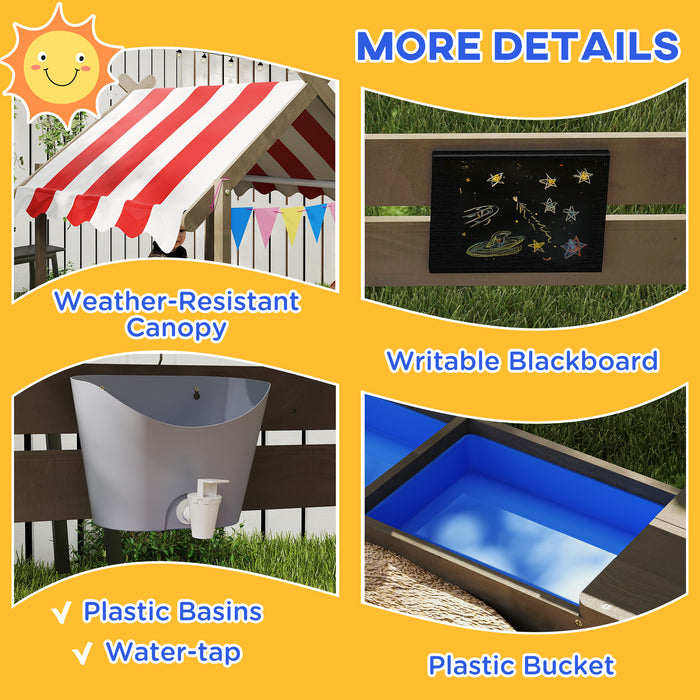 Outsunny House-Designed Wooden Sandbox, Outdoor Sandpit, with Blackboard, Toys, Sink, Seats, Flags, for Ages 3-7 Years - Grey