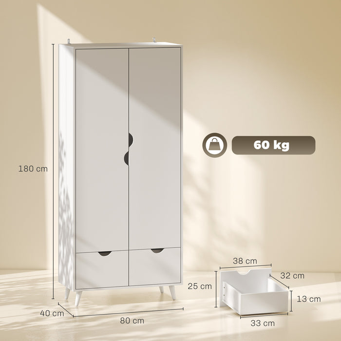 HOMCOM Elegant Home Storage Organisation Furniture, 2-Door Clothes Wardrobe with 2 Drawers, Wood Feet, White