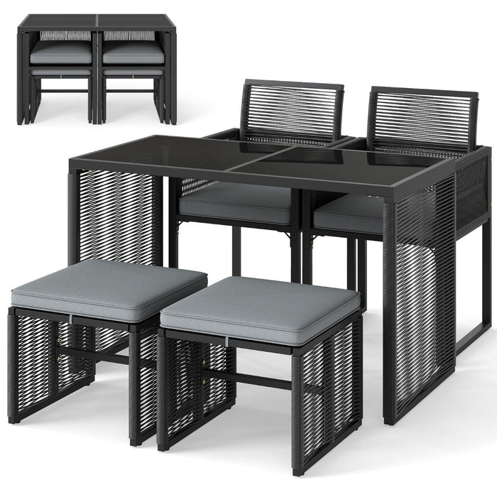 5 Pieces Patio Dining Set with Removable Cushions and Rattan Ottomans-