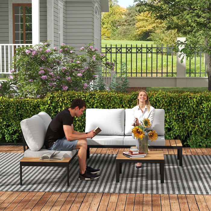 Outsunny Four-Piece Garden Corner Sofa Set with 2 Loveseats and 2 Coffee Tables - Teak