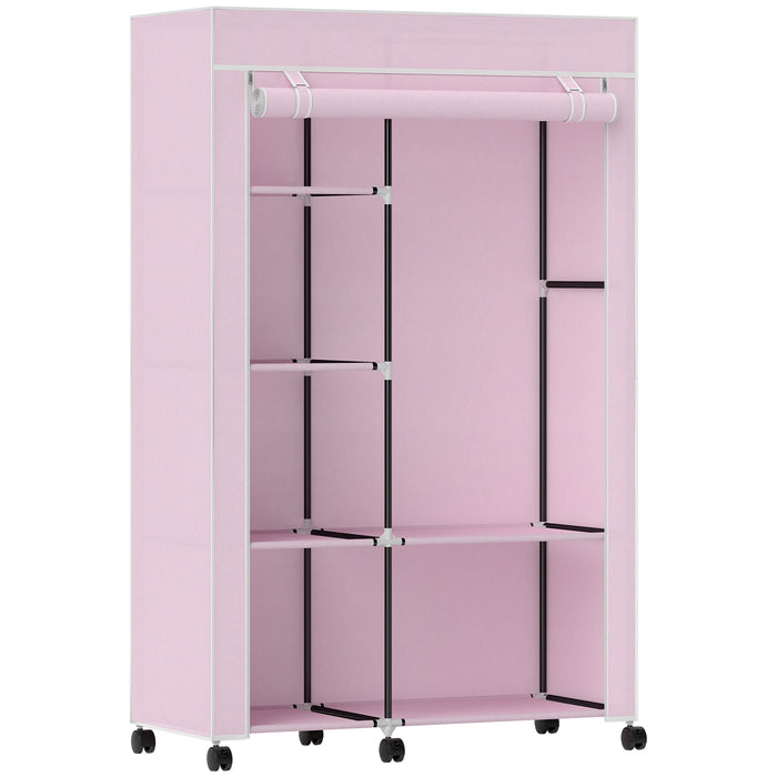 HOMCOM Fabric Wardrobe w/ Shelves Hanging Rail Foldable Wardrobe Pink