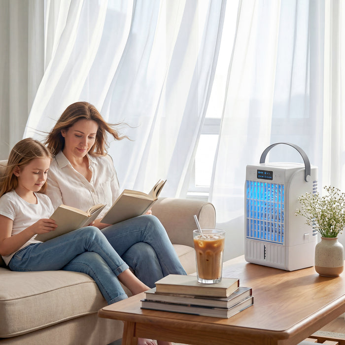 HOMCOM Portable Air Conditioner, 4-in-1 Mini Air Cooler with 4 Wind Speed, 2 Cool Mist, RGB 7 LED Light, White