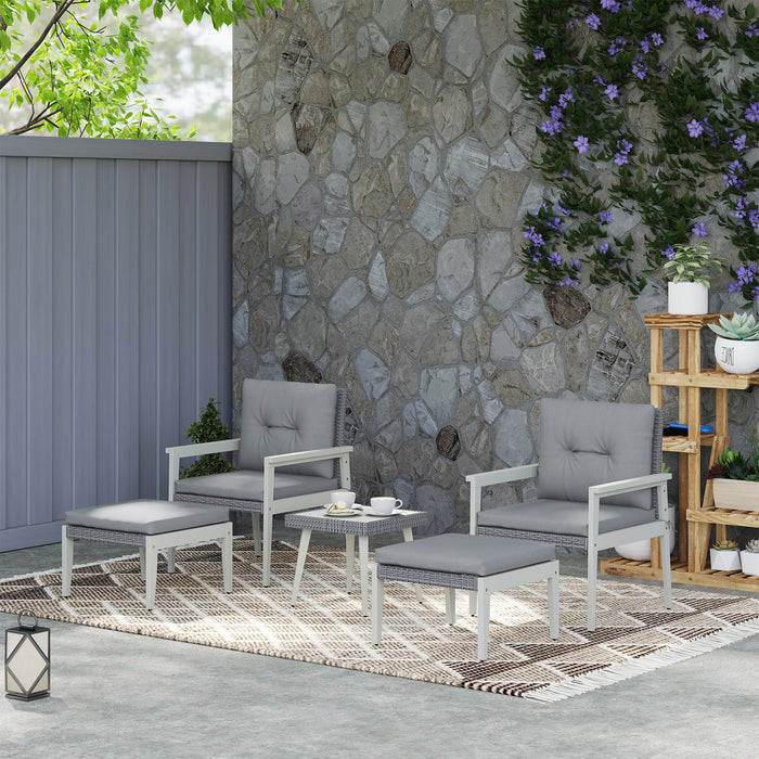 Outsunny 5 Pieces Rattan Garden Furniture Set, Patio Conversation Set with Cushions, Acacia Wood Top Coffee Table and Footstools, Outdoor Table and Chairs for Balcony, Terrace and Conservatory, Grey