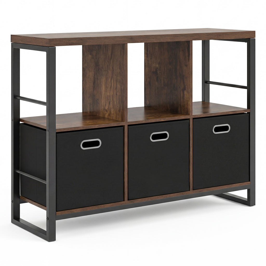6 Cube Storage Organizer with 3 Storage Bins Sturdy Metal Frame and 3 Open Shelves-Rustic Brown