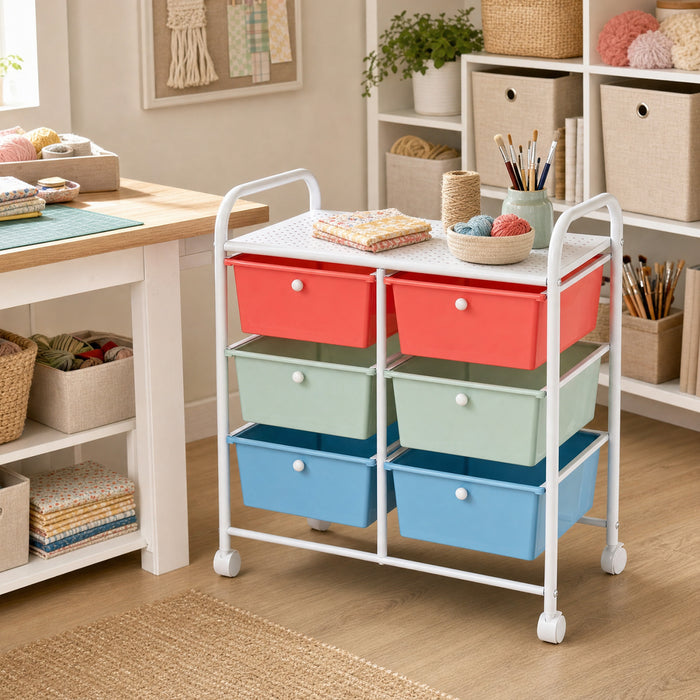 6-Drawer Rolling Storage Cart with 4 Universal Wheels and Metal Frame Spacious Tabletop-Multicolor