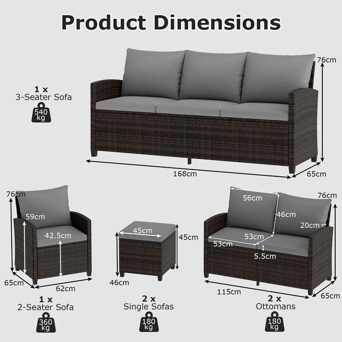 6 Pieces 9 Seats Patio Furniture Set with 3-Seat Sofa Loveseat Chair and 2 Ottomans-