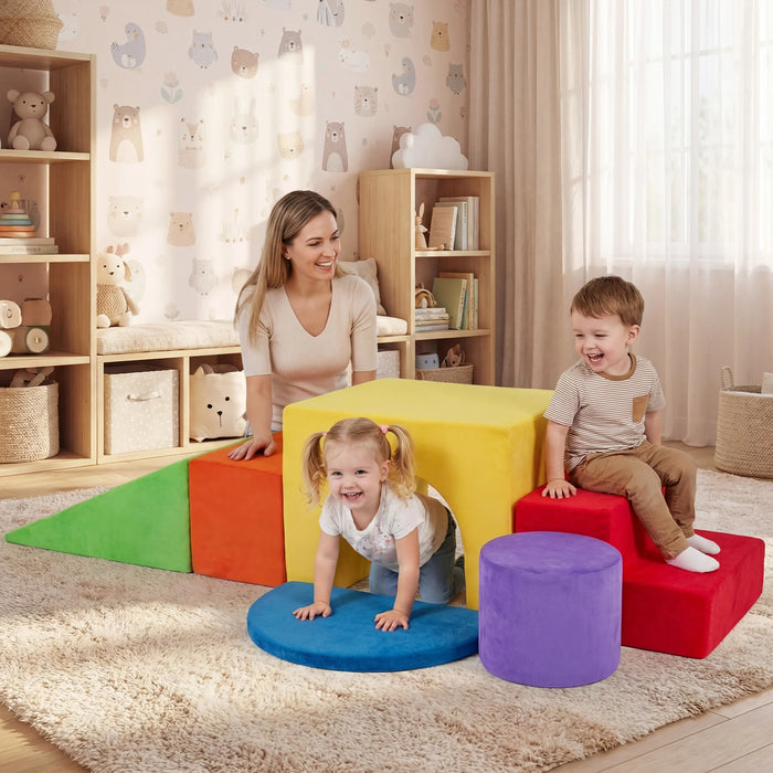 6 Pieces Foam Climbing Blocks for Kids with Slide and Tunnel for Toddlers 3+-