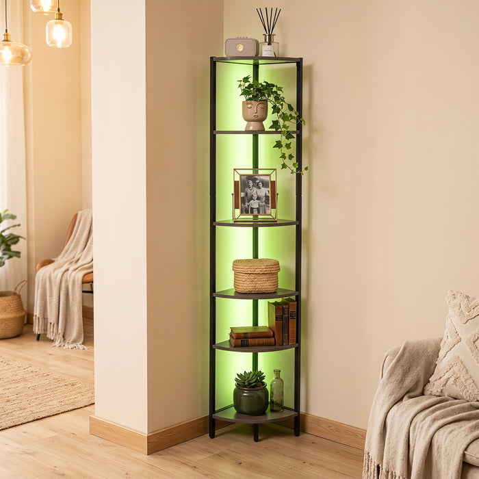 6-Tier Corner Shelf 68 inch Tall Narrow Display Bookshelf with LED Lights-Rustic Brown